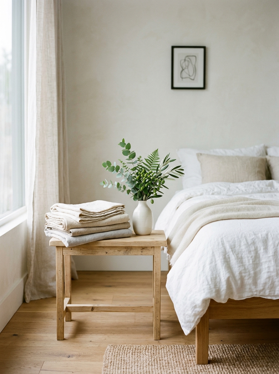 Biancheria piegata e un piccolo vaso con pianta verde in una camera da letto ordinata